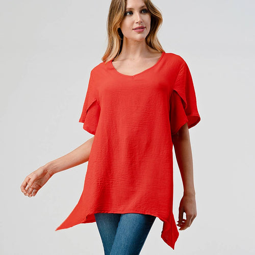 CREPAS - SOLID COLOR TULIP SLEEVE WOVEN TOP