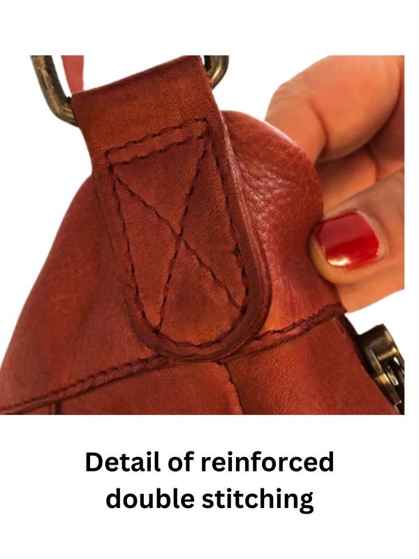 Concealed By Janko conceal carry handbag showing reinforced double handle stitching. This concealed handbag is called the Ruth.