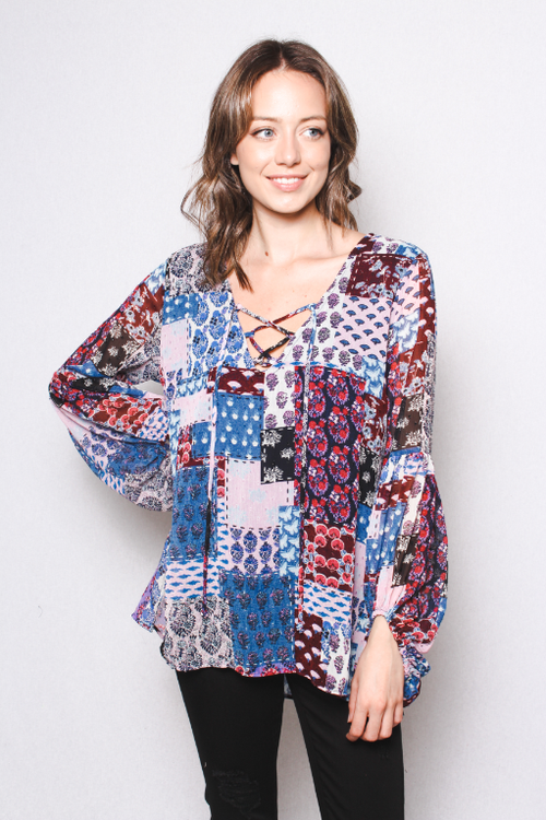 Good Stuff Apparel - Women's Long Puff Sleeve Woven Chiffon with Dot Laced Up Top