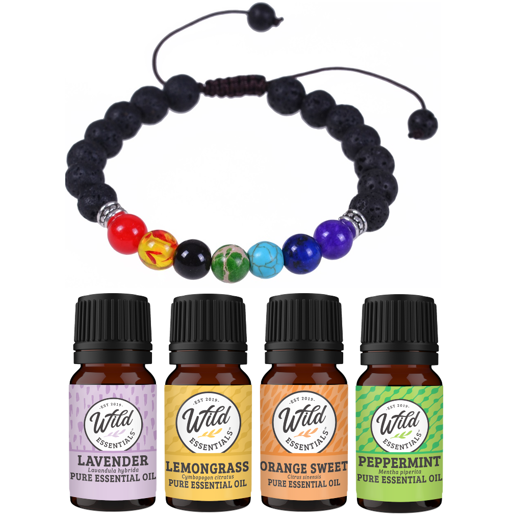 Wild Essentials - "7 Chakras" Lava Stone Aromatherapy Bracelet Set with 4 oils