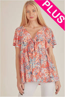 Shopin LA - SPT5092DP Women Ribbon Tie Front Leaf Print Loose Fit Top