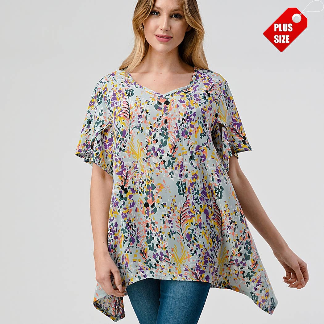 CREPAS - MULTI PRINT TULIP SLEEVE WOVEN TOP PLUS