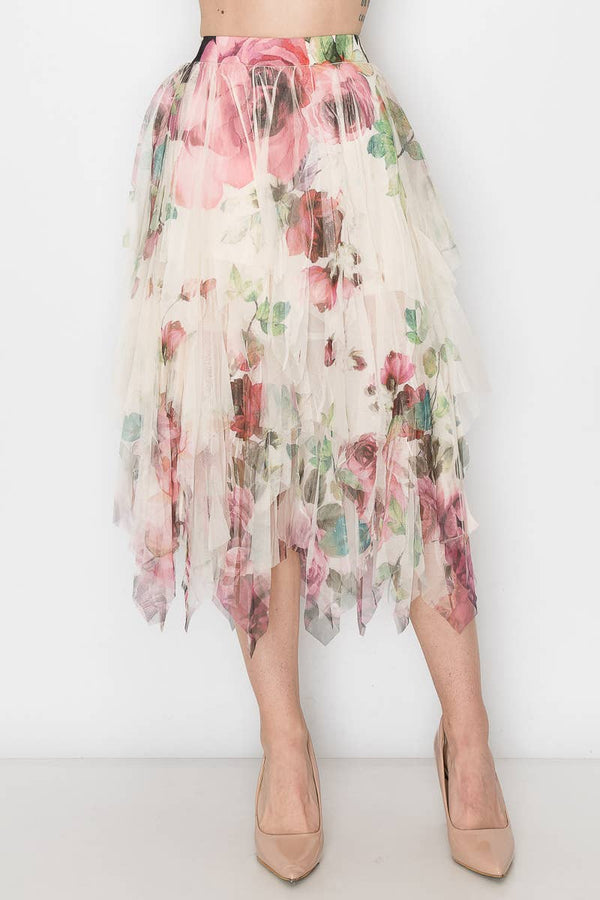 Origami Apparel ~ Rose Layered Mesh Skirt Lace Inspired - OLS-4546 BG/BIG ROSE