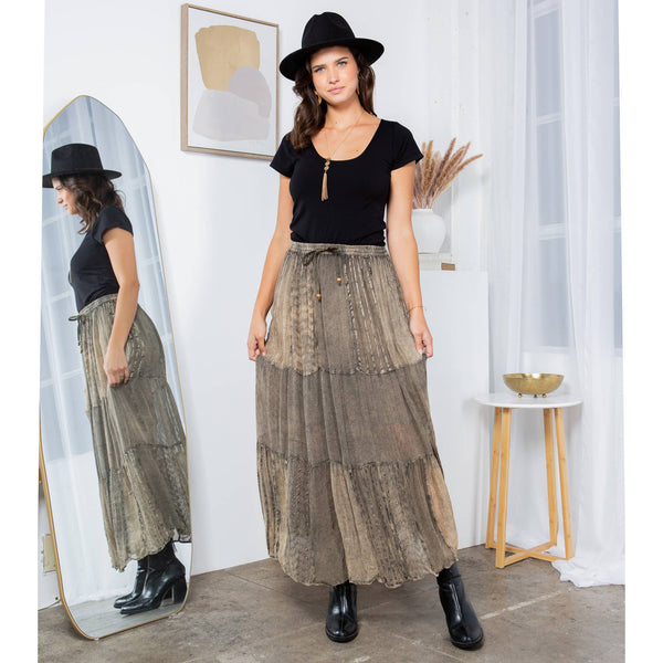 YOUNG THREADS - Bohemian Rhapsody: Stonewashed 3-Tiered Long Skirt