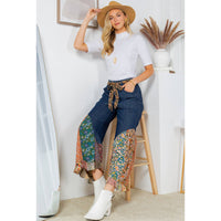 YOUNG THREADS - Boho Flare: Overdyed Denim Bellbottom Pants with Printed