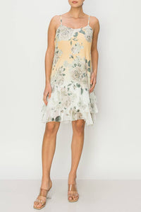 Origami Yellow White Slip Dress With Lace Layered Hemline - OLS-4672IV/DD YELLOW FL