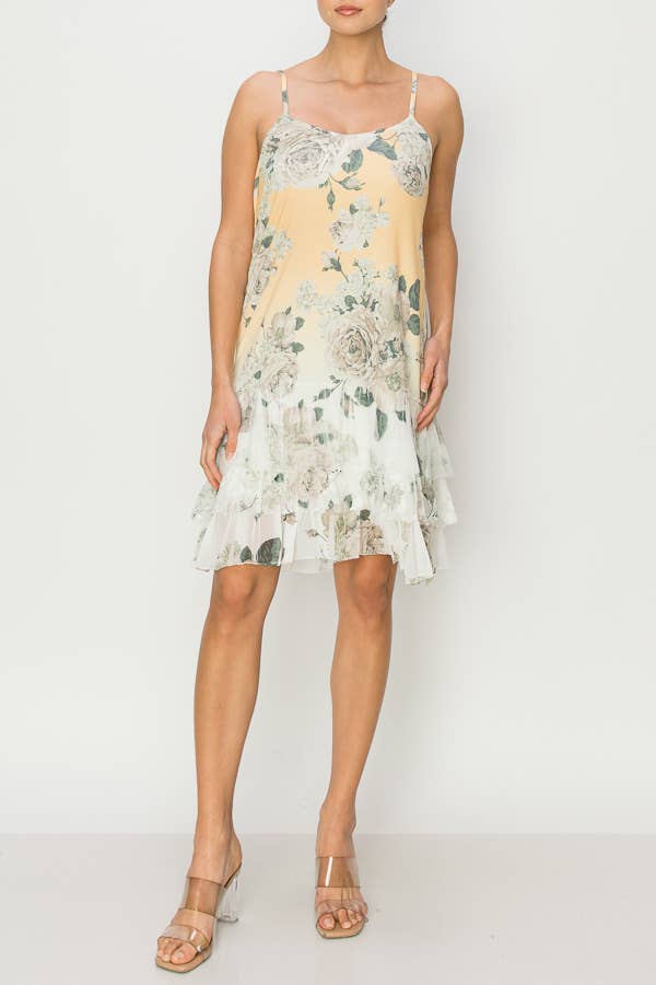 Origami Yellow White Slip Dress With Lace Layered Hemline - OLS-4672IV/DD YELLOW FL