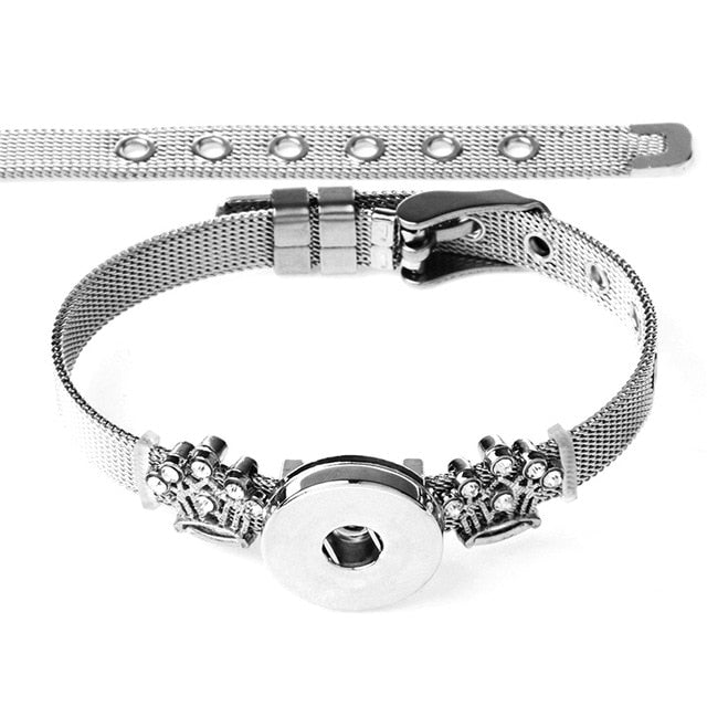 Stainless Steel Rhinestone Crown Sandy SnapInterchangeable Charm Bracelet