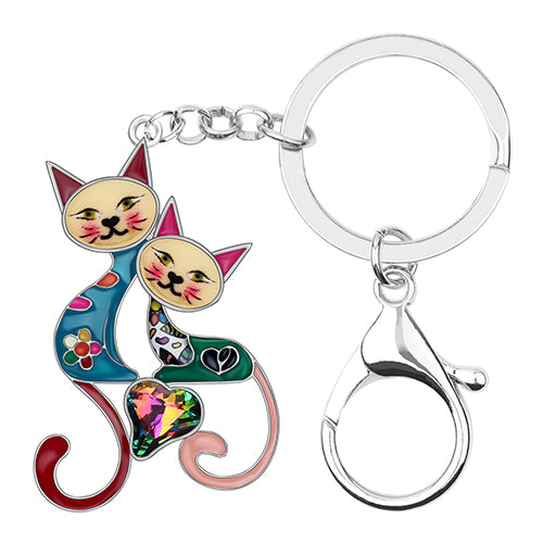 Enamel Alloy Multi-Colored Double Cat Key Chain / Handbag Charm