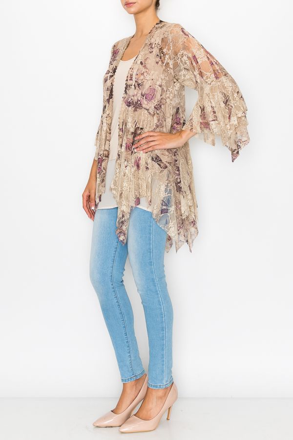 Origami Apparel ~  Taupe and Rose Lace Inspired Tiered Cardigan - OLS-4618TP/2ROSE